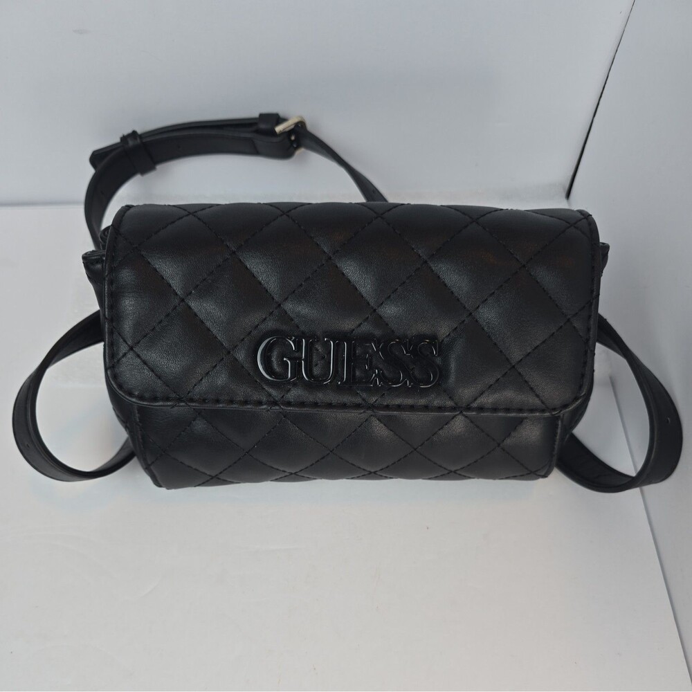 GUESS Black Quilted Crossbody Bag Women Adjustable Strap Flap Purse